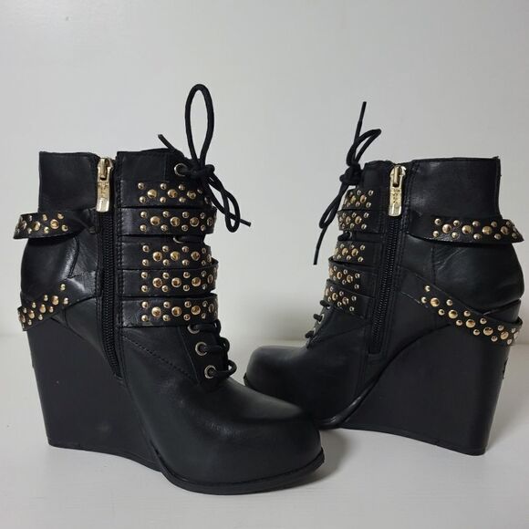 BCBGeneration Larissa Studded Strappy Wedge Lace Up Ankle Boots, Black size 7 - Picture 10 of 13